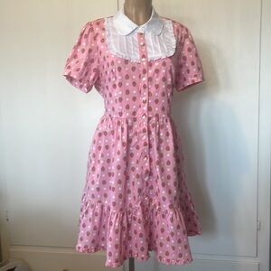 HOT-TOPIC Strawberry 🍓 Pink Polka Dot,White Collar,Pockets sz LARGE Womens DRESS